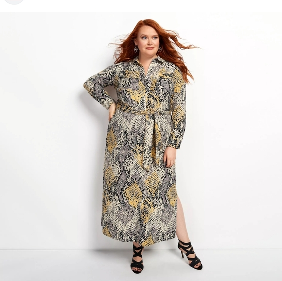 ♧ G.I.L.I. Snakeskin Print Long-sleeved Duster Dress Size 1X Yellow Gray White - Picture 1 of 13